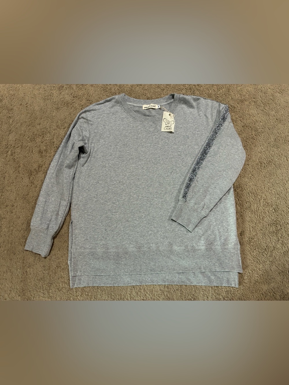 Johnny Was Calme Sweatshirt Gray Metallic Striped Side Slits Women’s Sz M Tencel